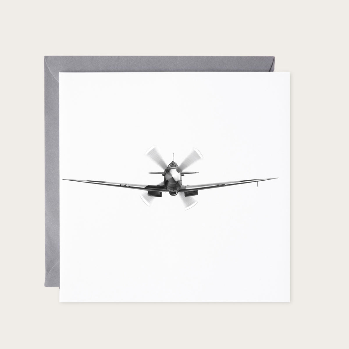 Spitfire Head-On Aircraft Greeting Card — card with grey envelope