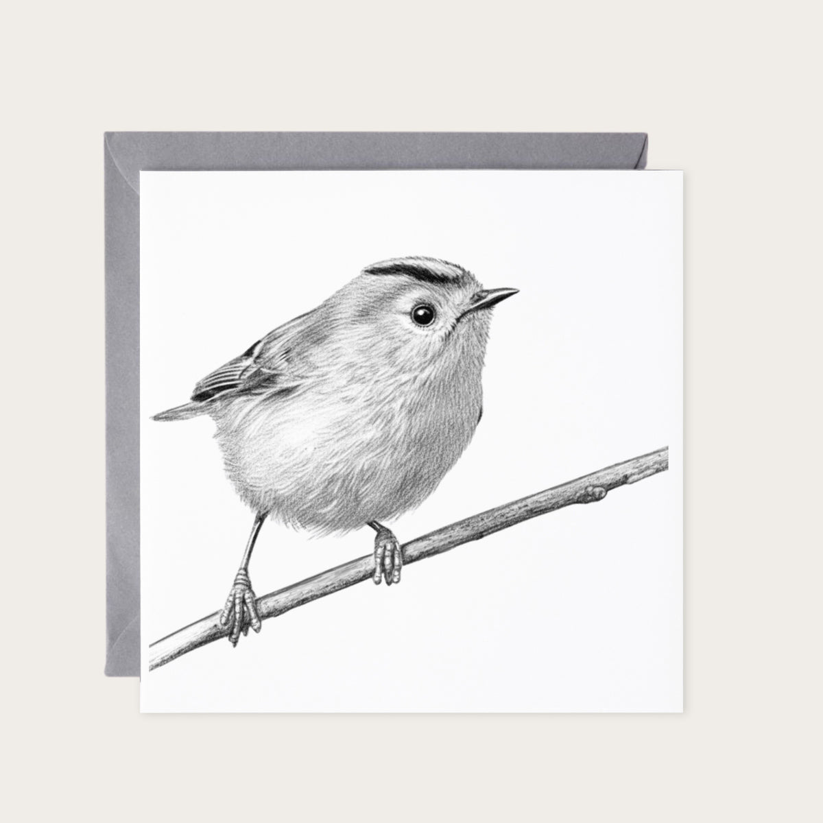 Goldcrest Bird Greeting Card — card with grey envelope