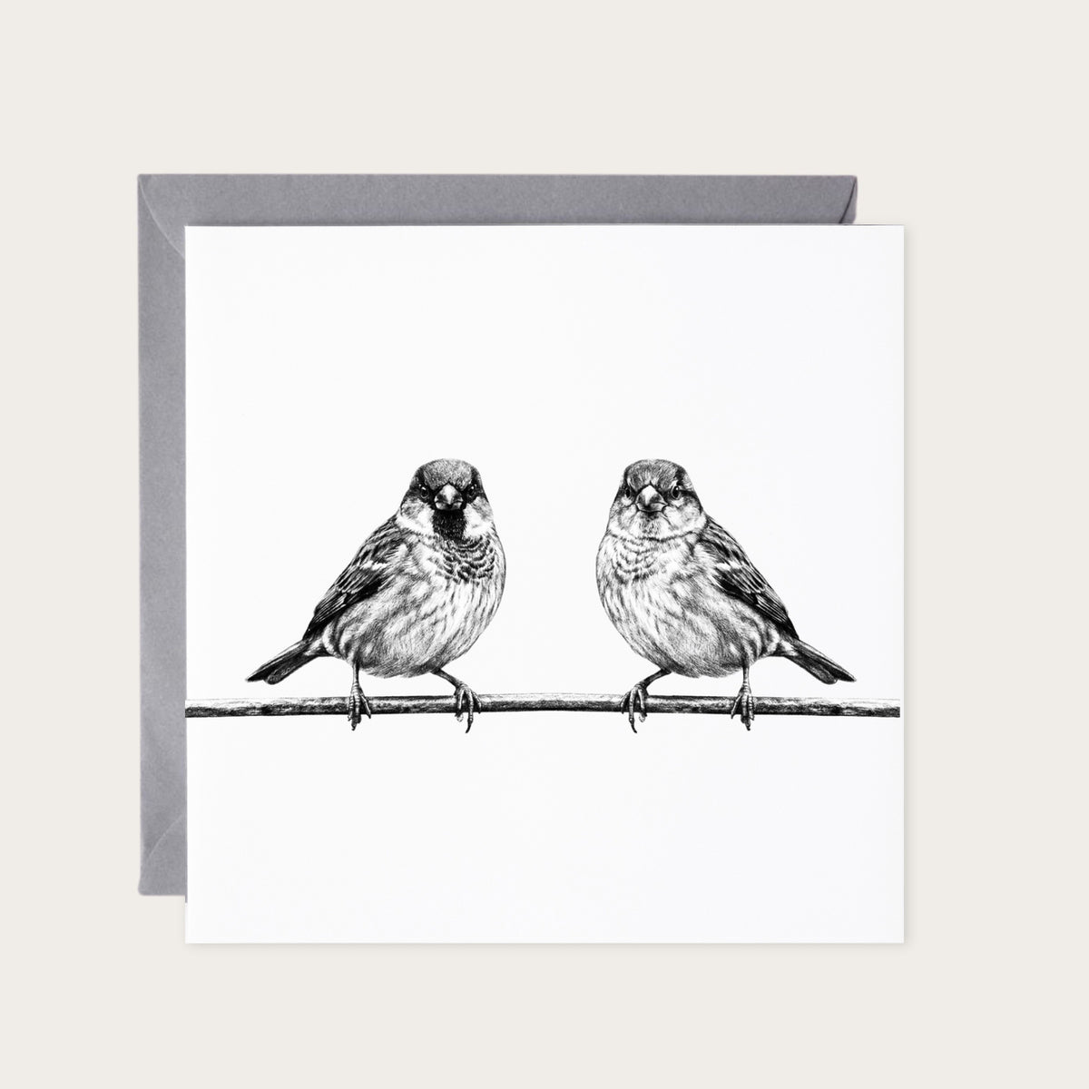 Sparrows Hand-Drawn Greeting Card — card with grey envelope