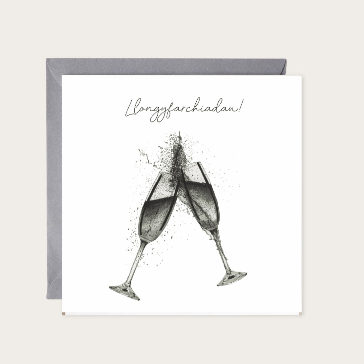 Llongyfarchiadau – Champagne Glasses Greeting Card — card with grey envelope