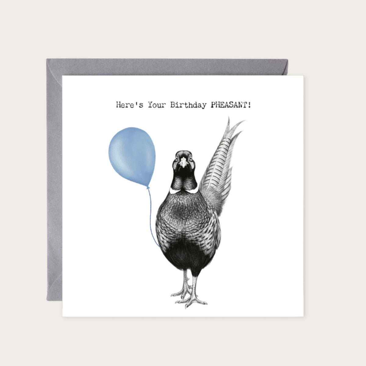 Birthday Pheasant – Hand-Drawn Pheasant Greeting Card | Whimsical & Charming Art — card with grey envelope