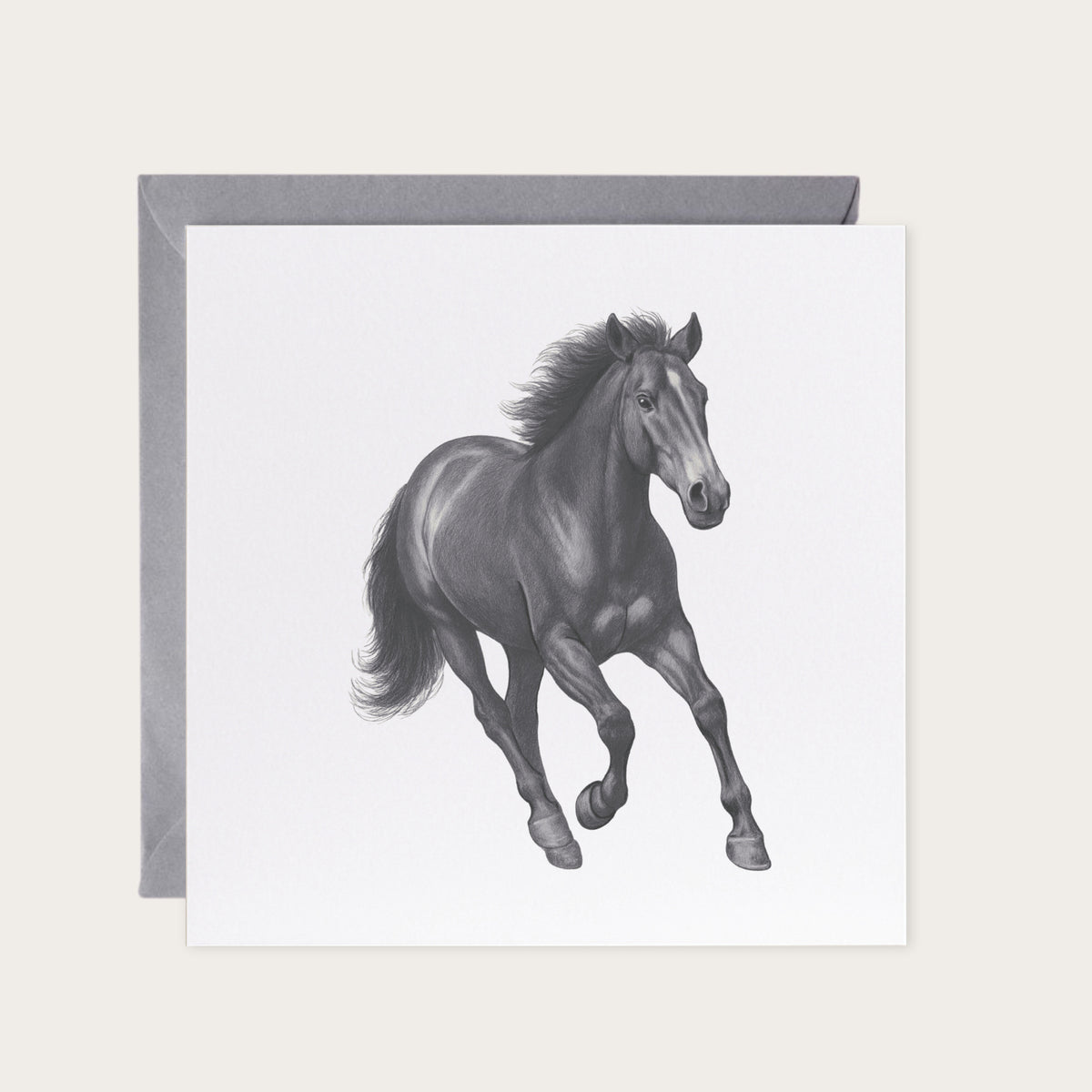 Delta the Running Horse – Dynamic Equestrian Greeting Card — card with grey envelope