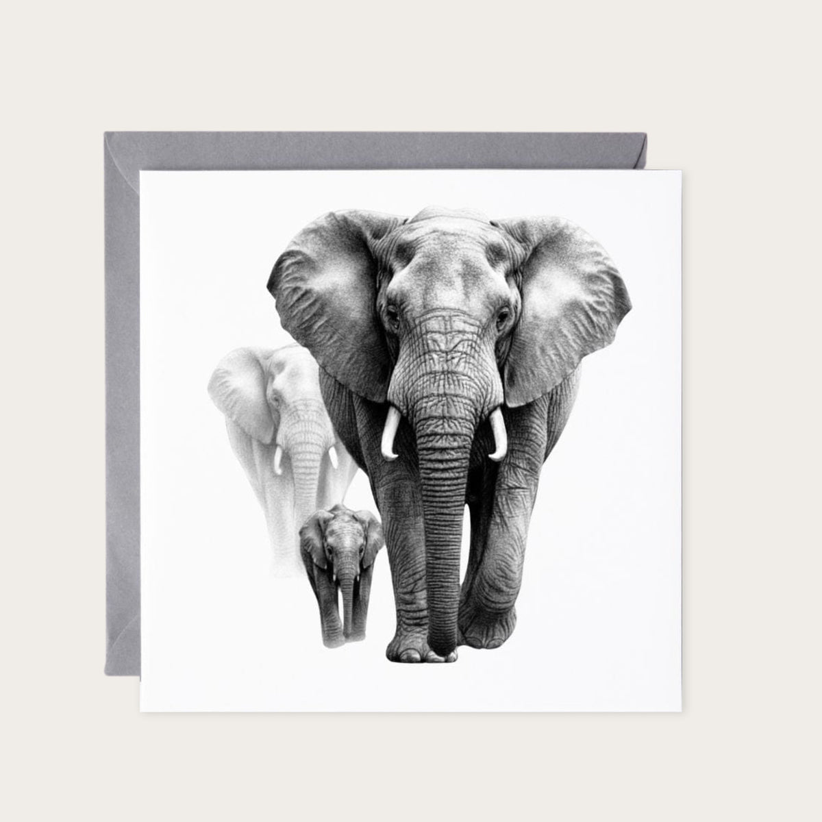 Elephant Herd Hand Drawn Greeting Card — card with grey envelope