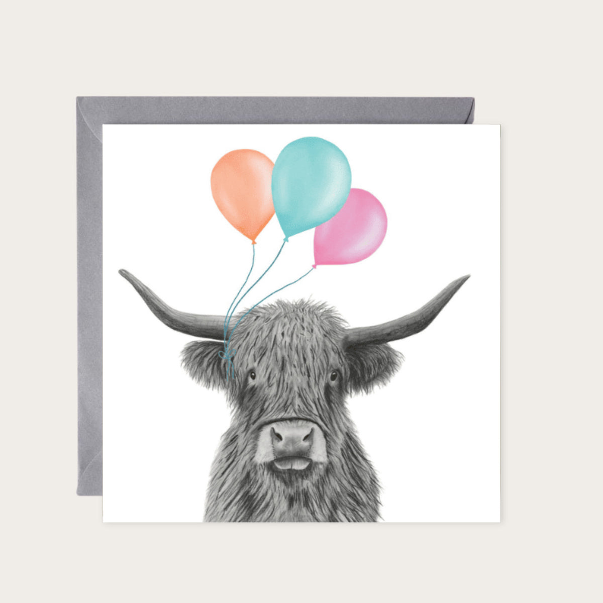 Floating Highland Coo – Lots of Balloons Hand-Drawn Greeting Card | Cute & Whimsical Art — card with grey envelope