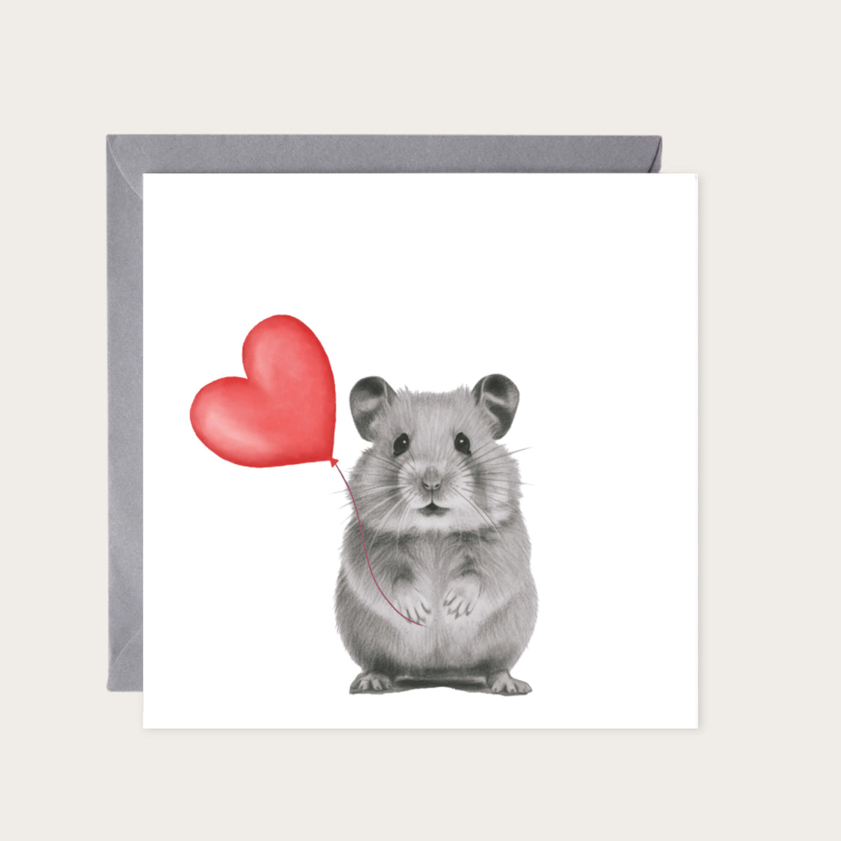 Floating Hamster – Red Balloon Hand-Drawn Greeting Card | Cute & Whimsical Art — card with grey envelope