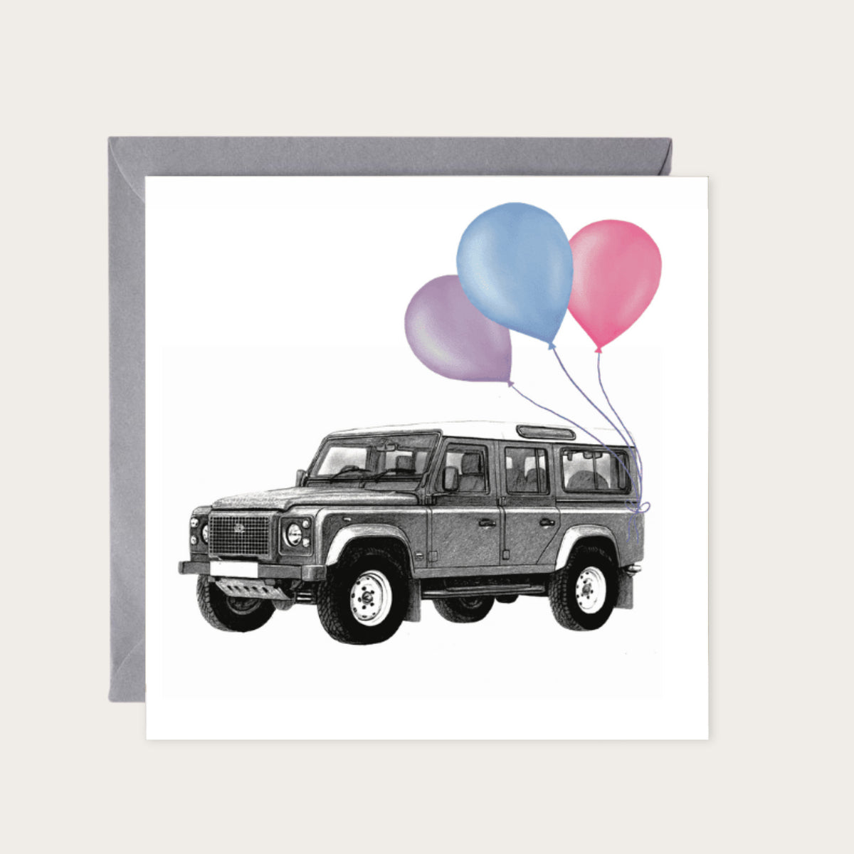 Floating Off-Roader – Lots of Balloons Hand-Drawn Greeting Card | Fun & Whimsical Vehicle Art — card with grey envelope