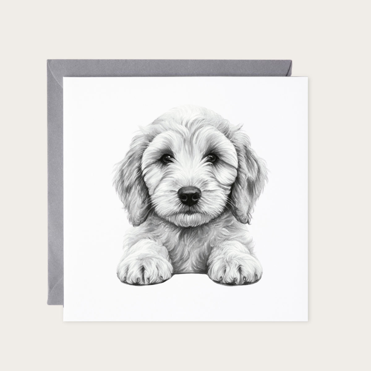 Peeking Cockerpoo – Hand-Drawn Greeting Card | Cute & Playful Dog Illustration — card with grey envelope