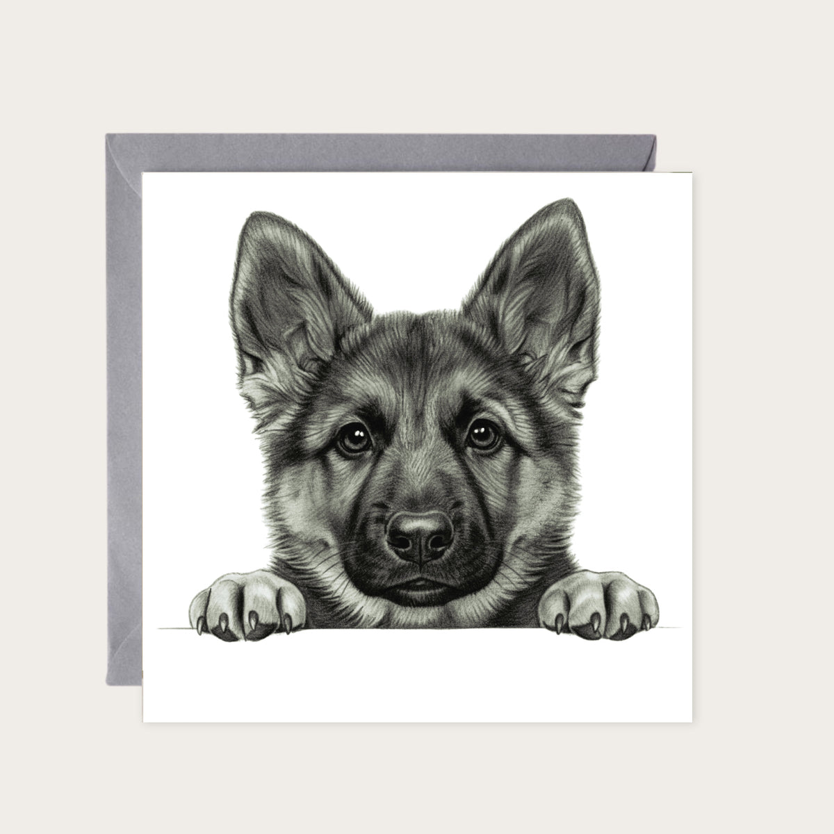 Peeking German Shepherd – Hand-Drawn Greeting Card | Loyal & Gentle Dog Illustration — card with grey envelope