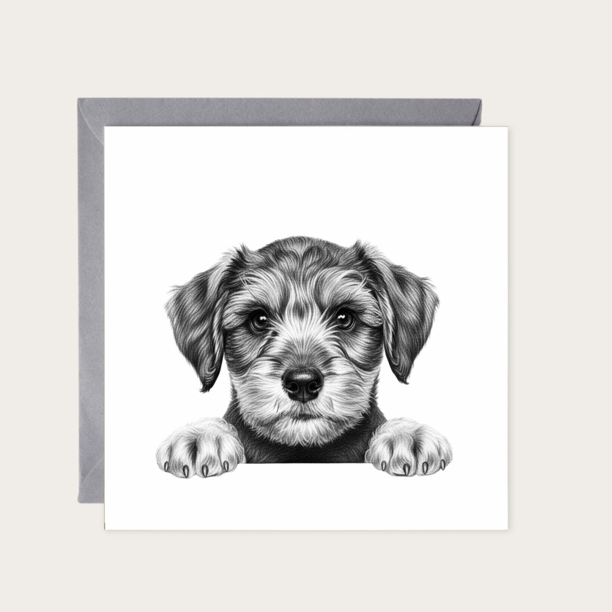 Peeking Schnauzer – Hand-Drawn Greeting Card | Cute & Playful Dog Illustration — card with grey envelope