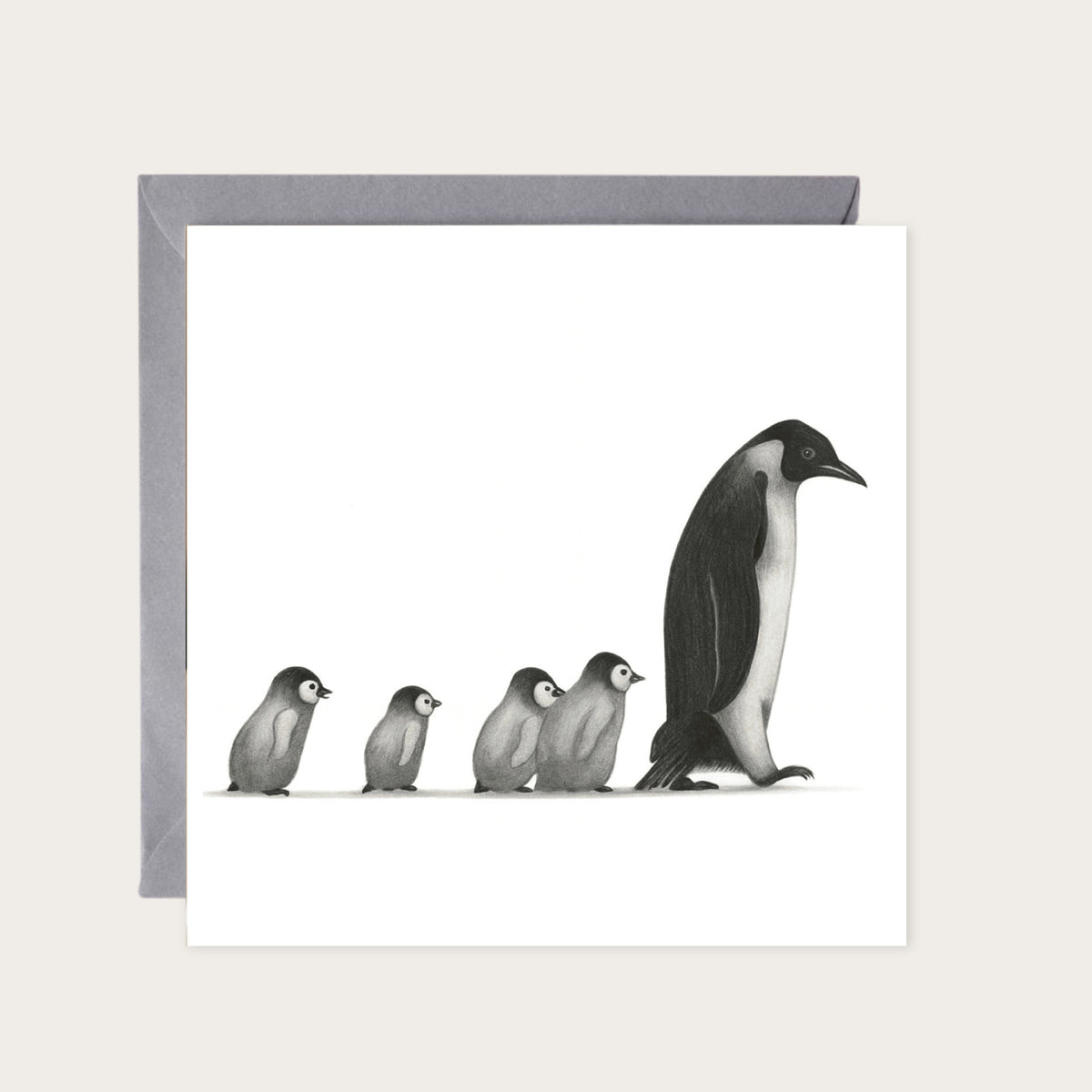 Penguin Walk Hand-Drawn Greeting Card | Whimsical & Elegant Art — card with grey envelope