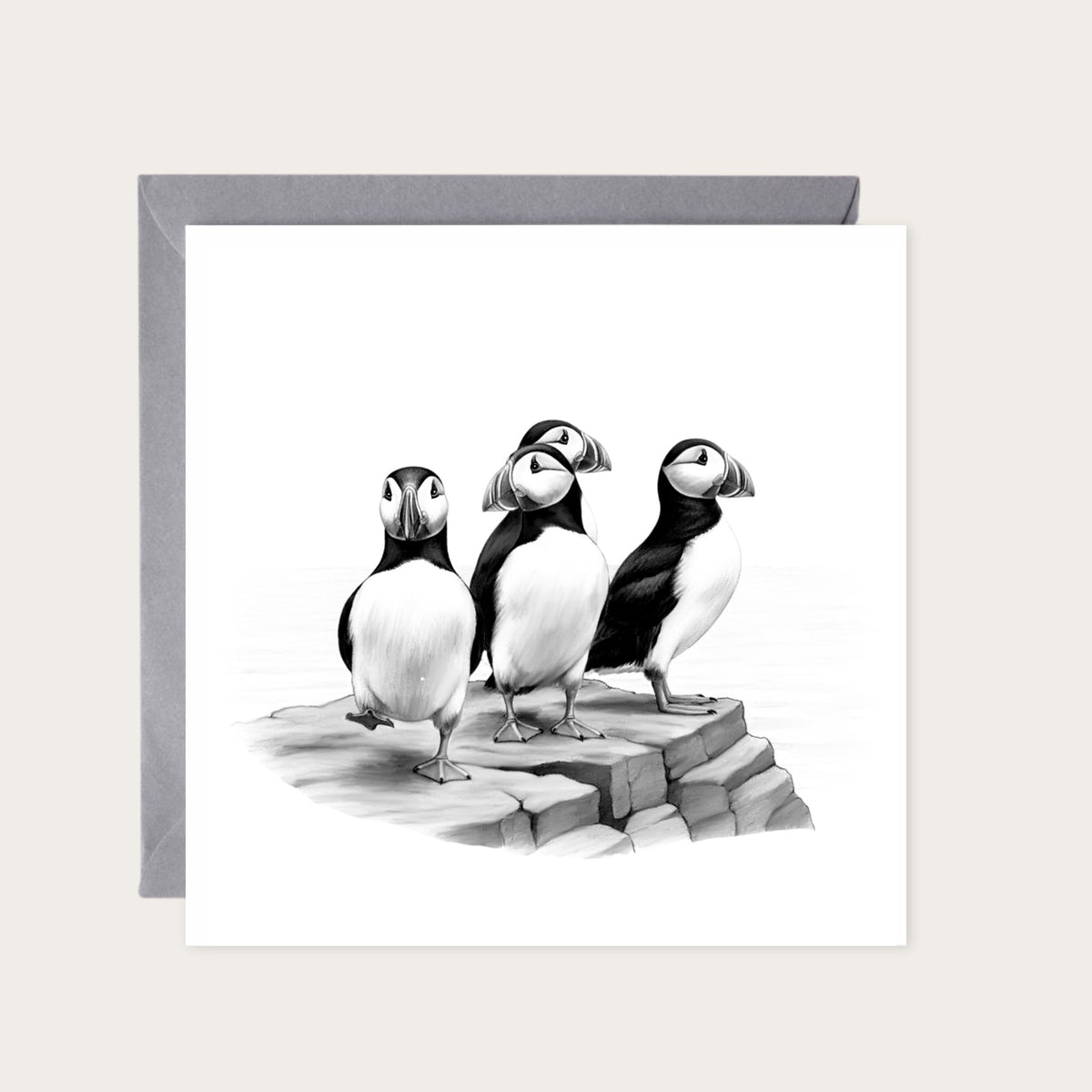 Puffin Rock – Coastal Greeting Card — card with grey envelope