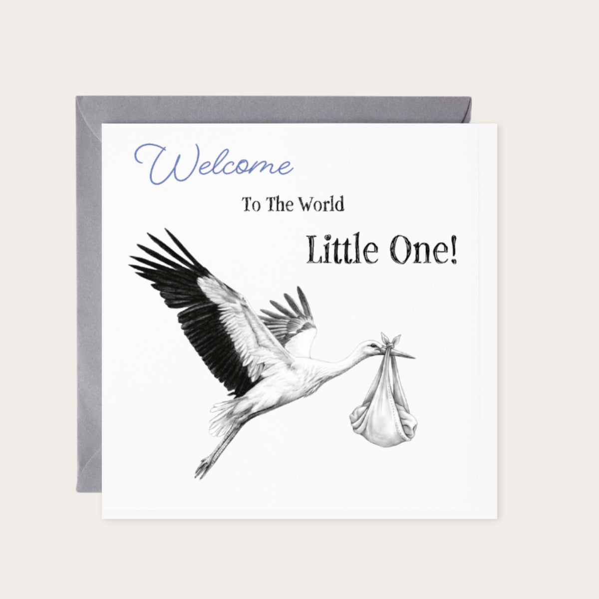 New Baby Flying Stork Greeting Card - Blue — card with grey envelope