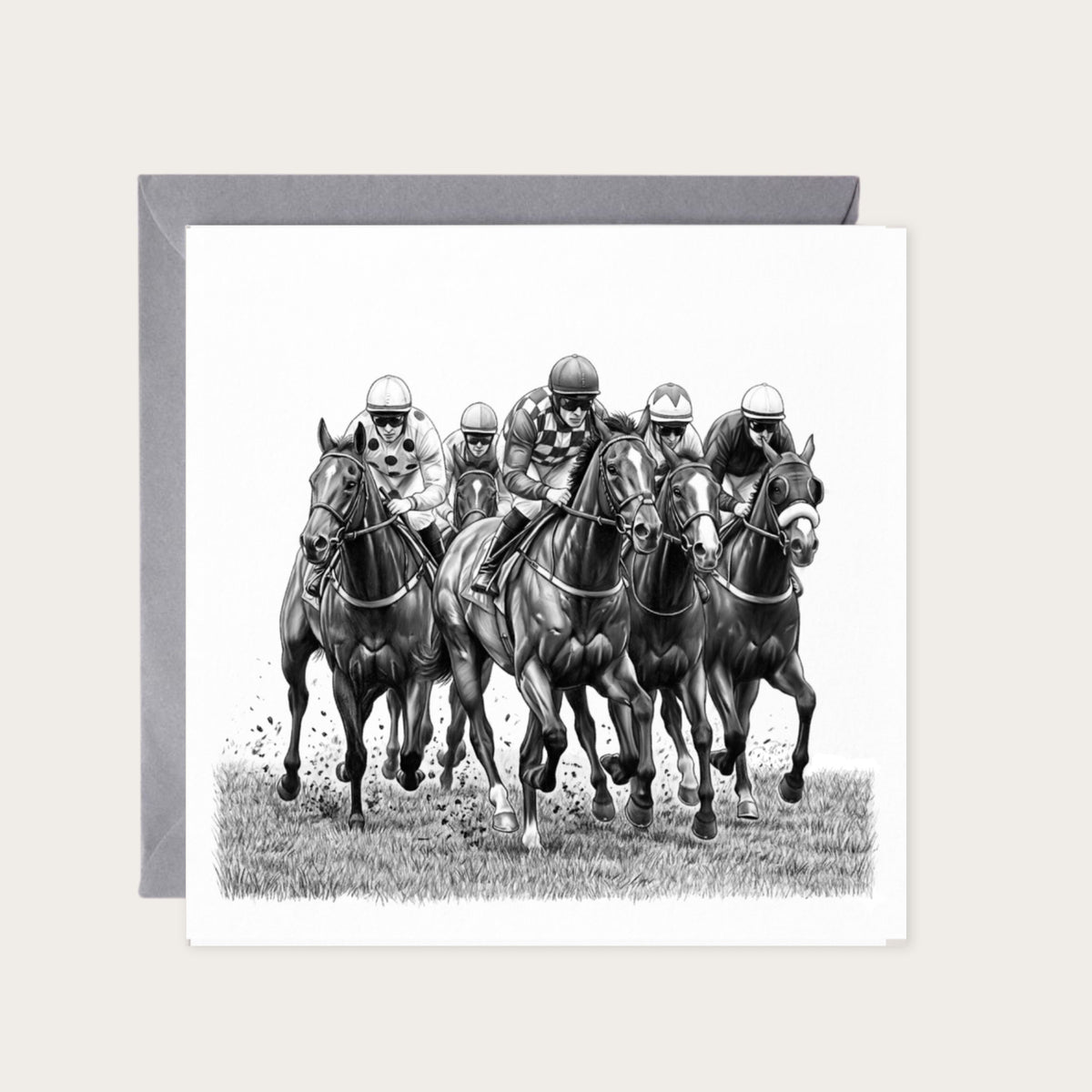 Horse Racing Hand Drawn Greeting Card — card with grey envelope