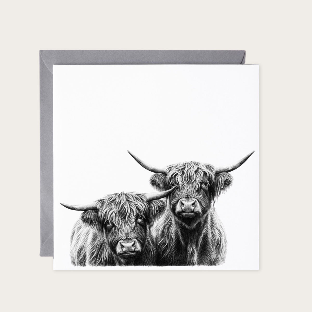 Two Highland Coos Hand Drawn Greeting Card — card with grey envelope