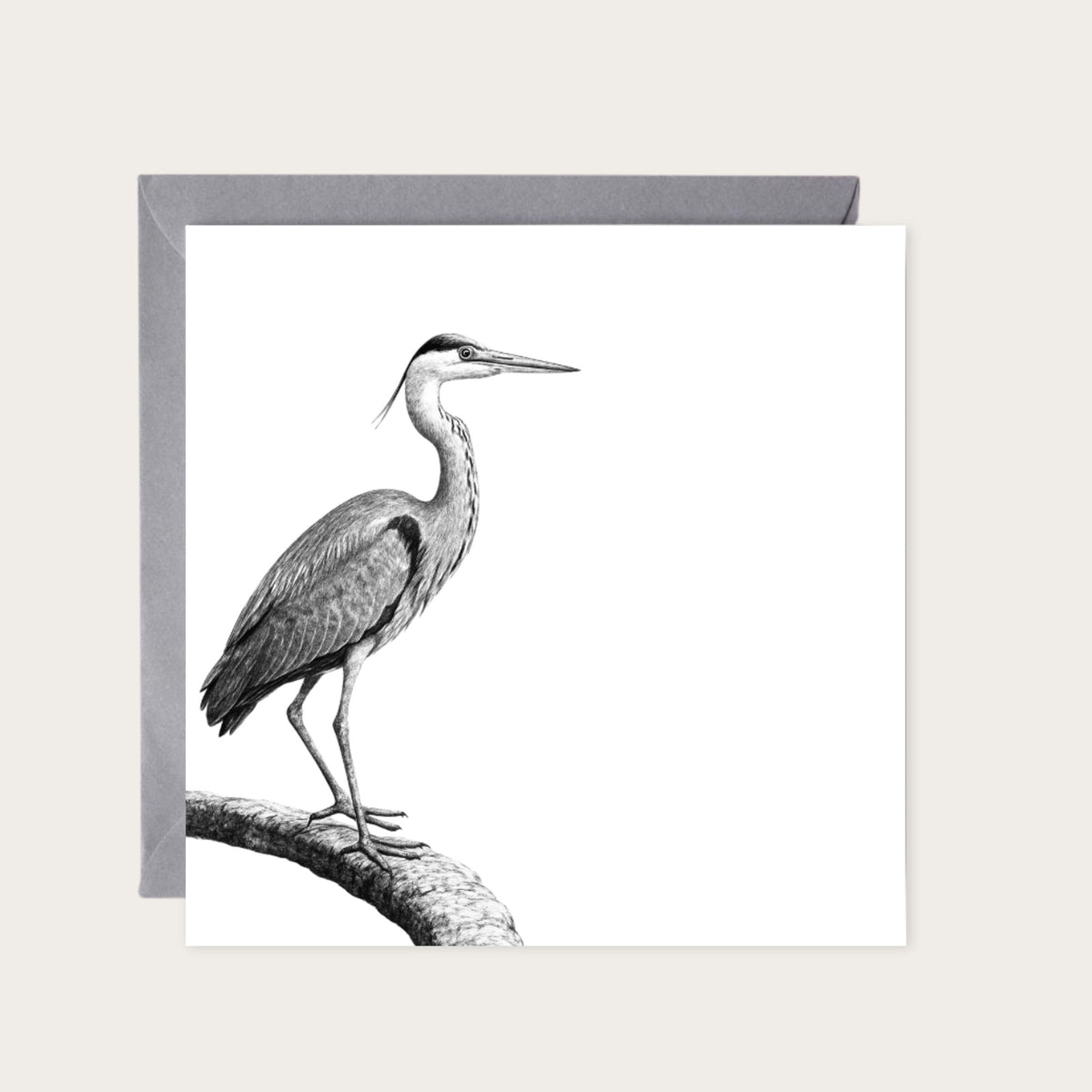 Heron Bird Greeting Card — card with grey envelope