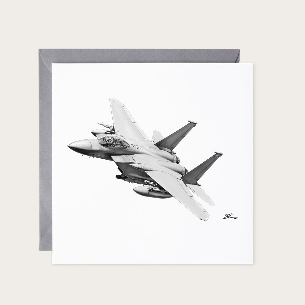 F-15 Eagle Hand-Drawn Greeting Card — card with grey envelope