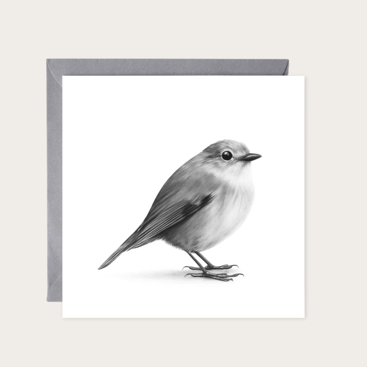 Atlas the Robin Hand Drawn Greeting Card — card with grey envelope