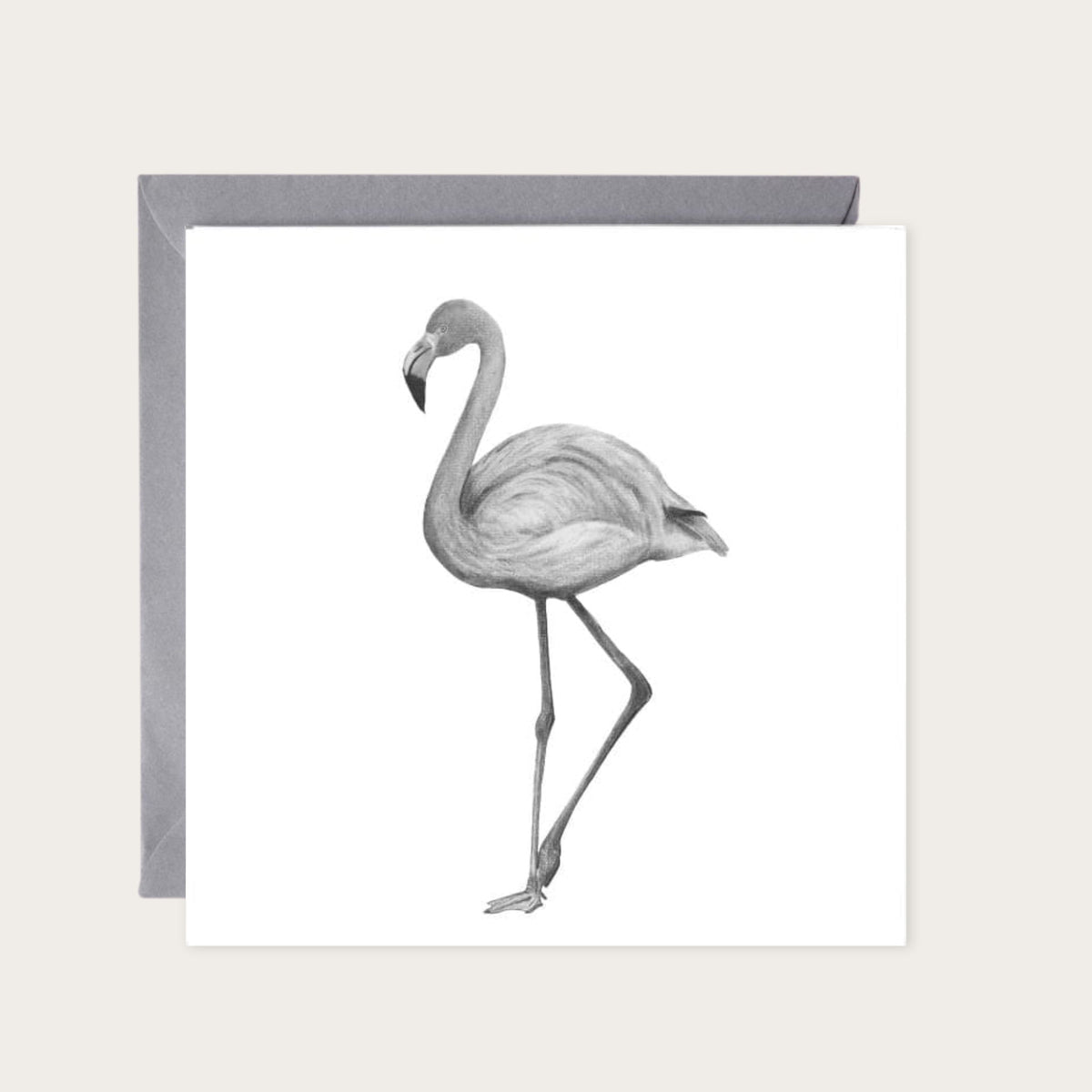 Celeste the Flamingo Hand-Drawn Greeting Card – A Graceful and Fun Illustration — card with grey envelope