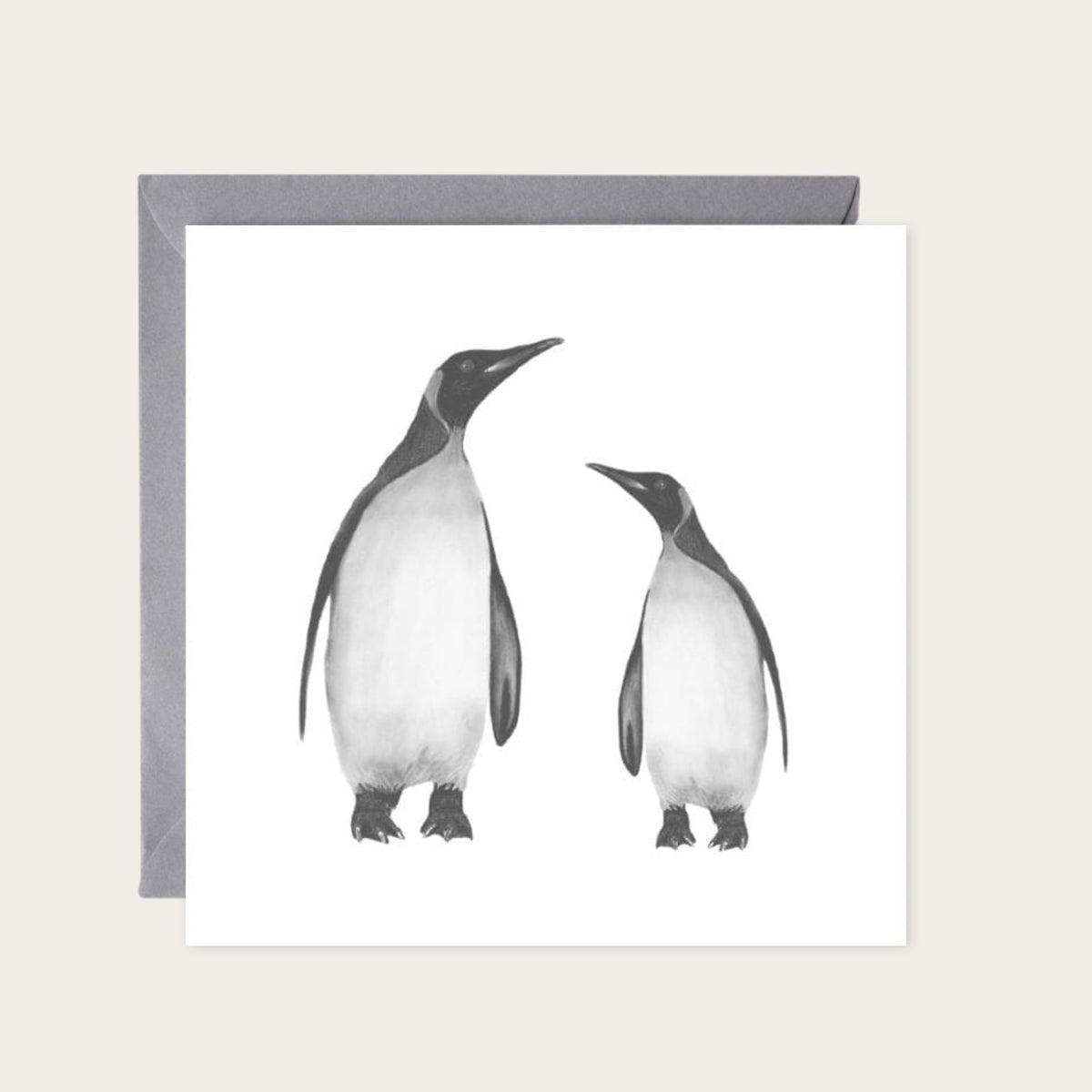 Alya and Baby Penguin Hand Drawn Greeting Card — card with grey envelope