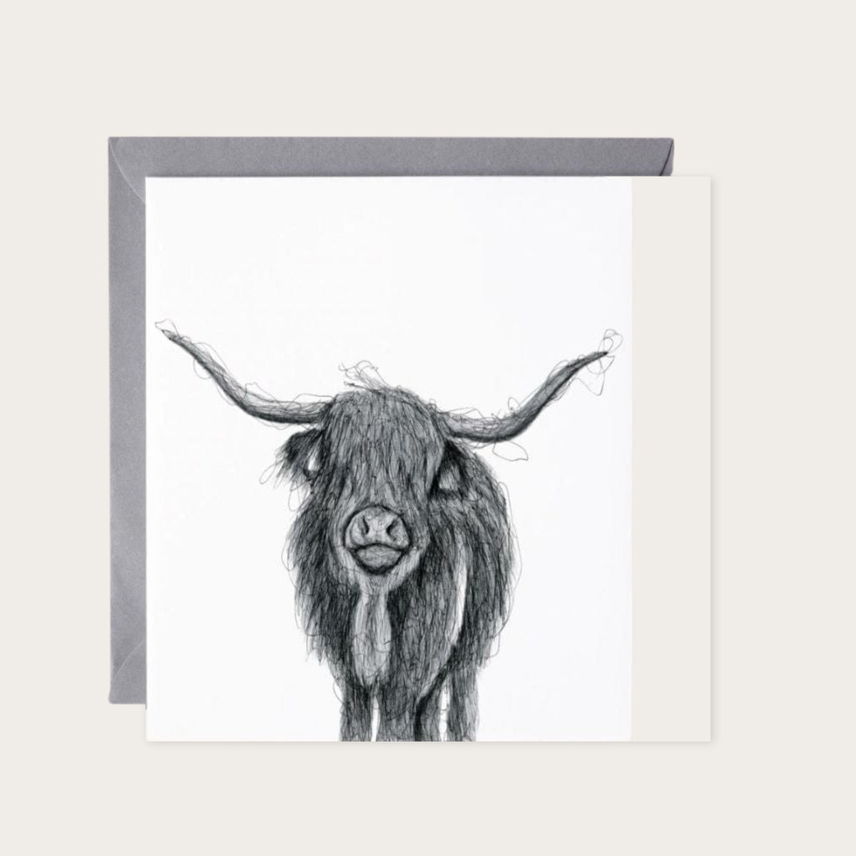 Highland Cow Hand Drawn Greeting Card — card with grey envelope