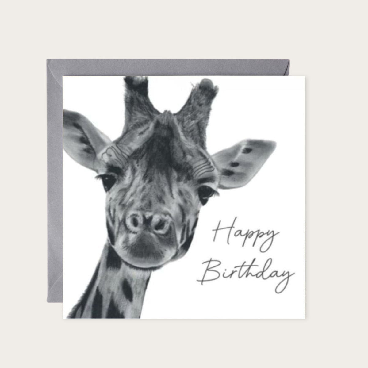 Happy Birthday Giraffe Card — card with grey envelope