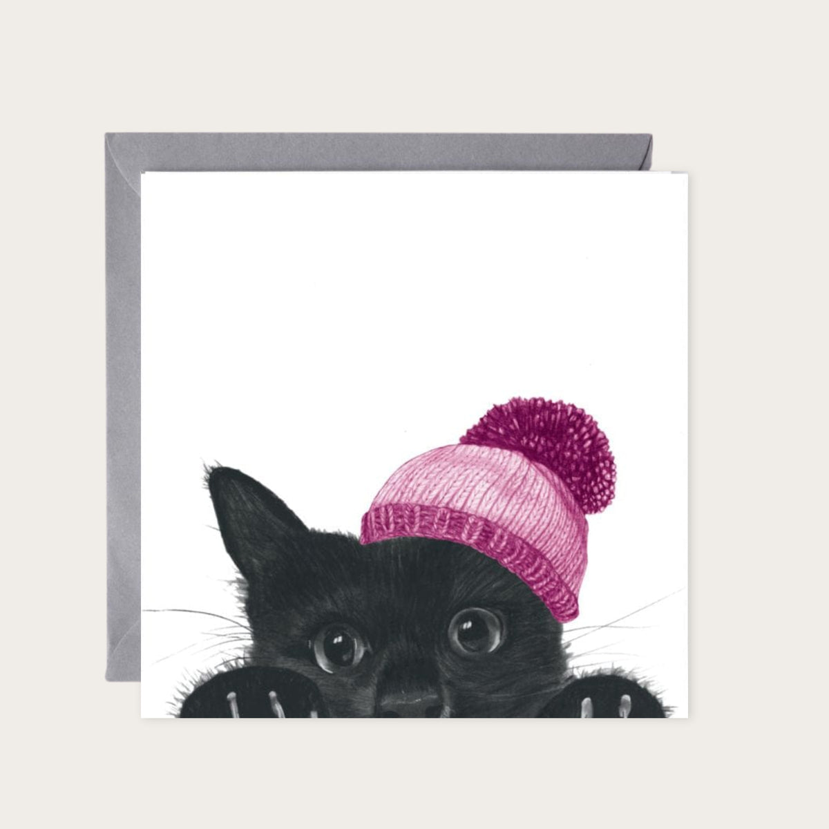Winter Peeking Cat Greeting Card — card with grey envelope