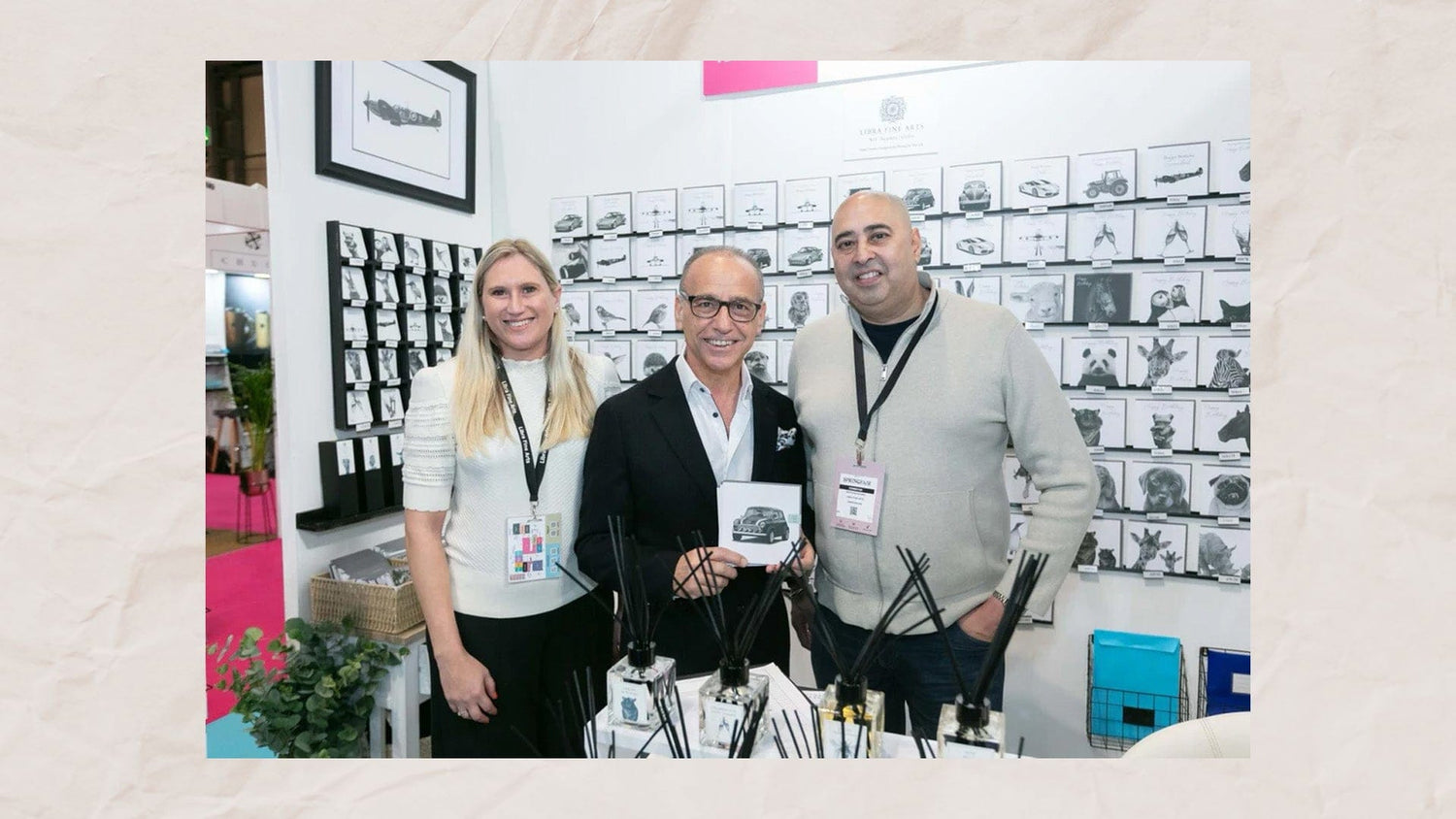 Founders of Libra Fine Arts with Theo Paphitis of Dragons’ Den, showing support at a UK trade show.