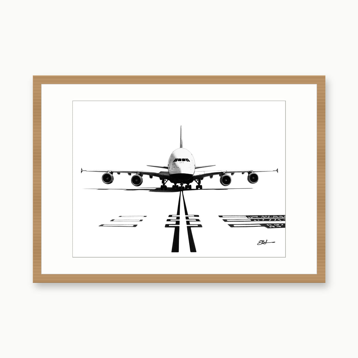 Airbus A380 Hand-Drawn Print – Iconic Aviation Art for Plane Enthusiasts & Collectors – oak rectangular frame with white mount