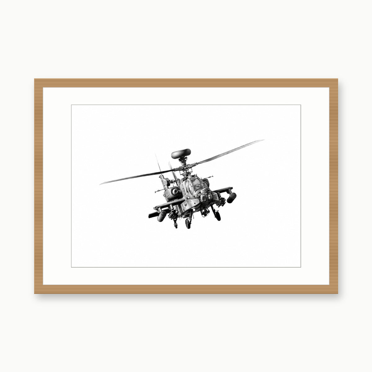 Apache Helicopter Fine Art Print – oak rectangular frame with white mount