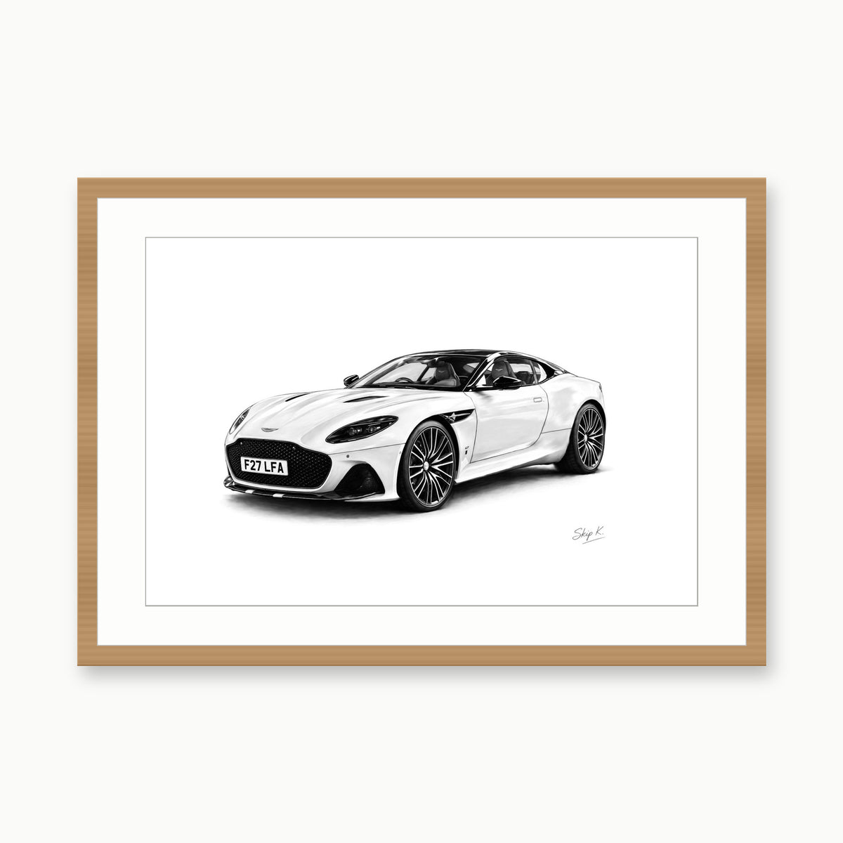 Aston Martin Sports Coupé Fine Art Print – Hand-Drawn Car Illustration – oak rectangular frame with white mount