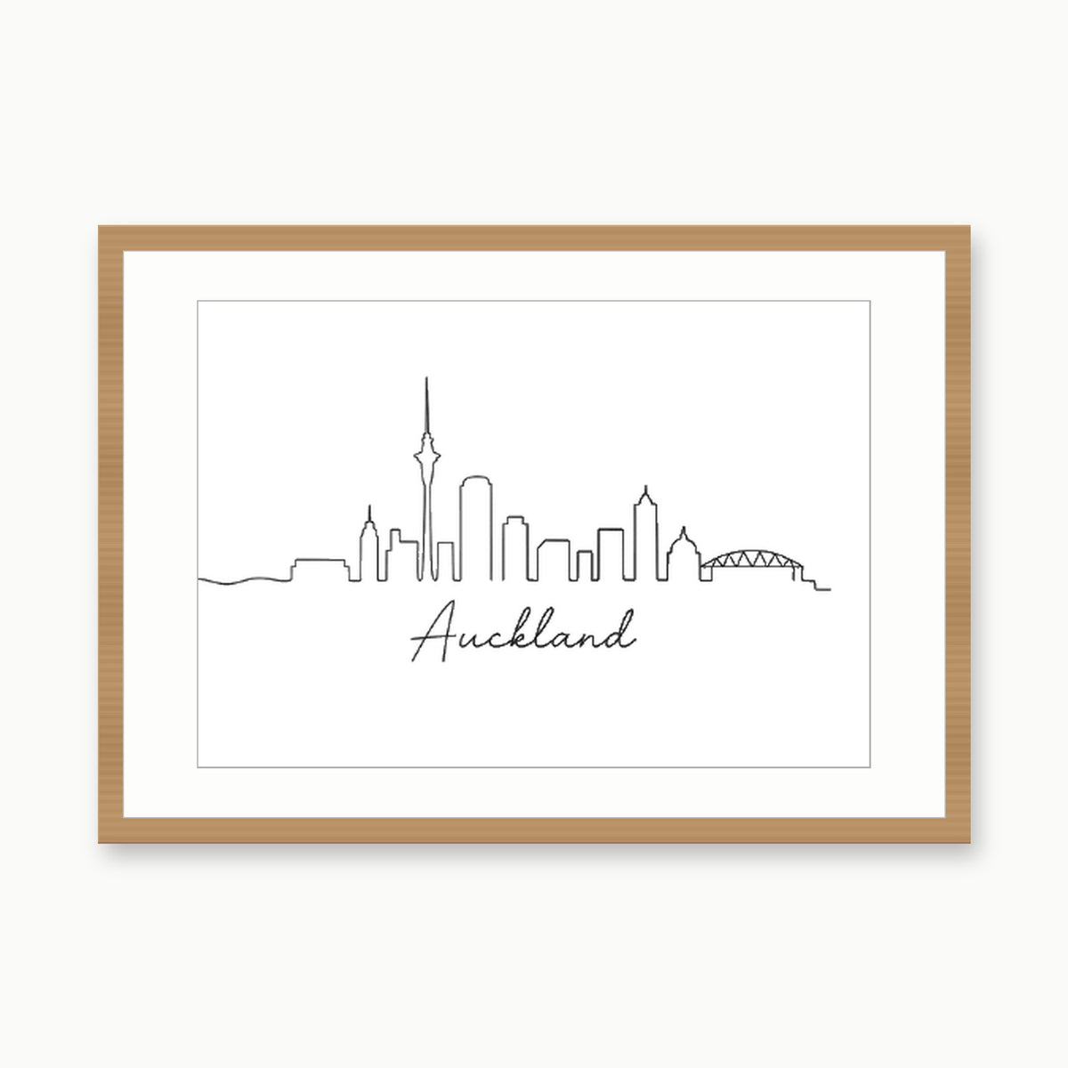 Auckland Skyline Print – oak rectangular frame with white mount