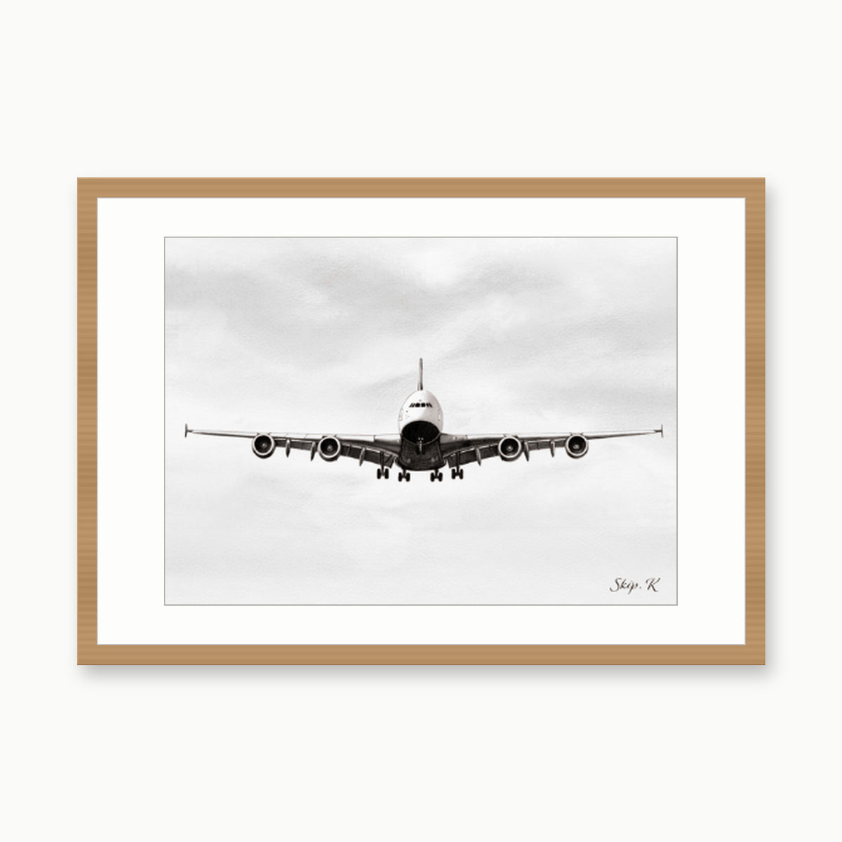 A380 Landing Aviation Art Print – oak rectangular frame with white mount