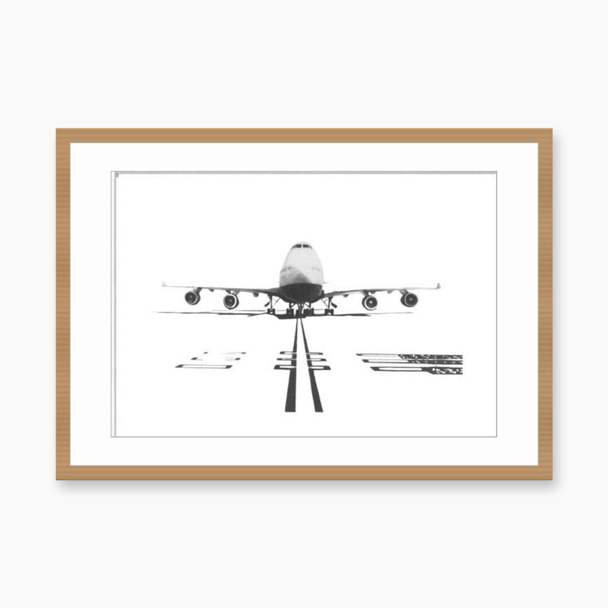 Boeing 747 Hand-Drawn Print – Iconic Aviation Art for Plane Enthusiasts & Collectors – oak rectangular frame with white mount