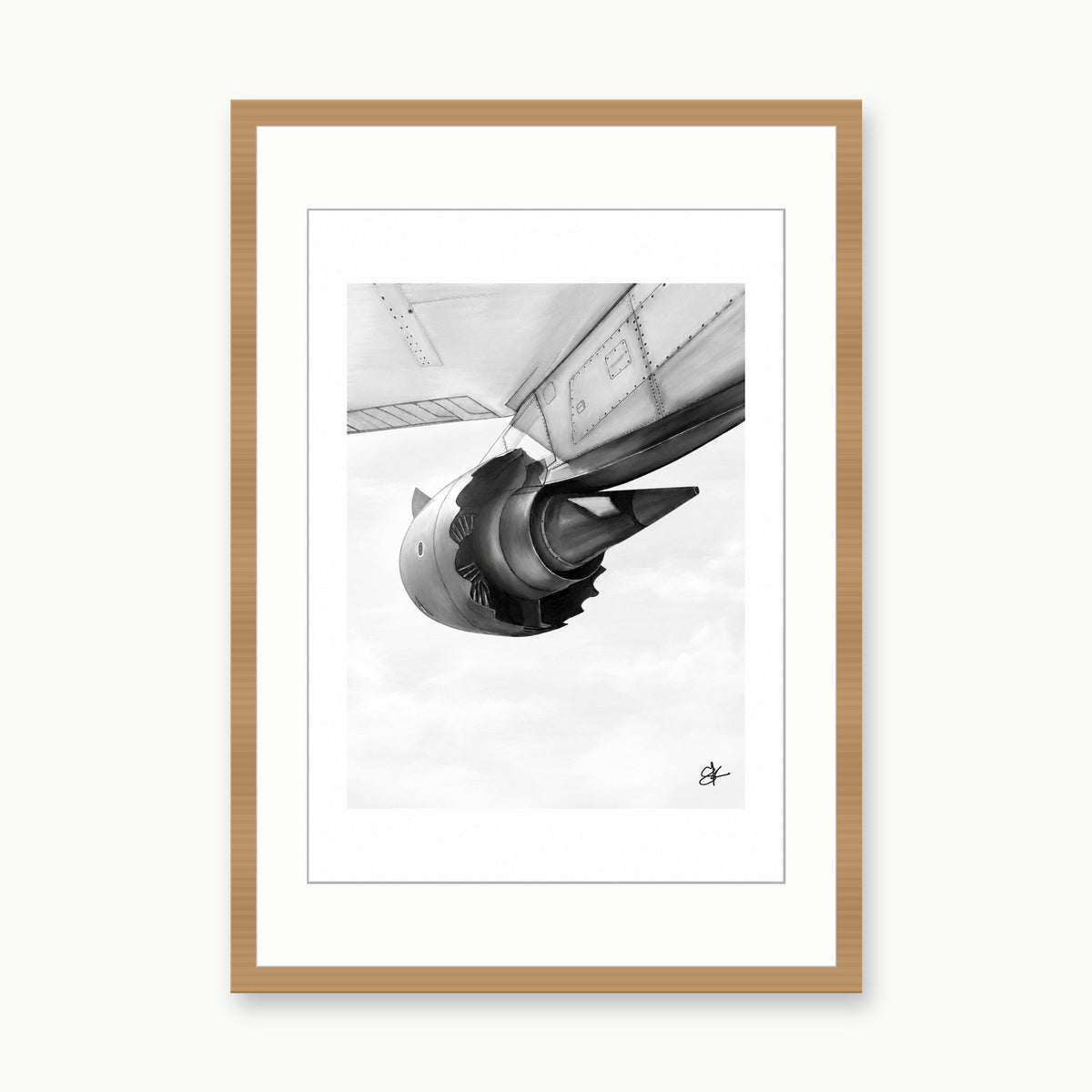 Boeing 787 Dreamliner Engine and Wing Fine Art Print – oak rectangular frame with white mount
