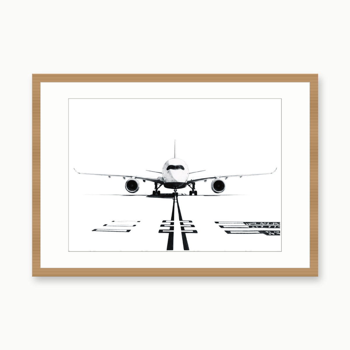 Airbus A350 Hand-Drawn Print | Iconic Aviation Art – oak rectangular frame with white mount