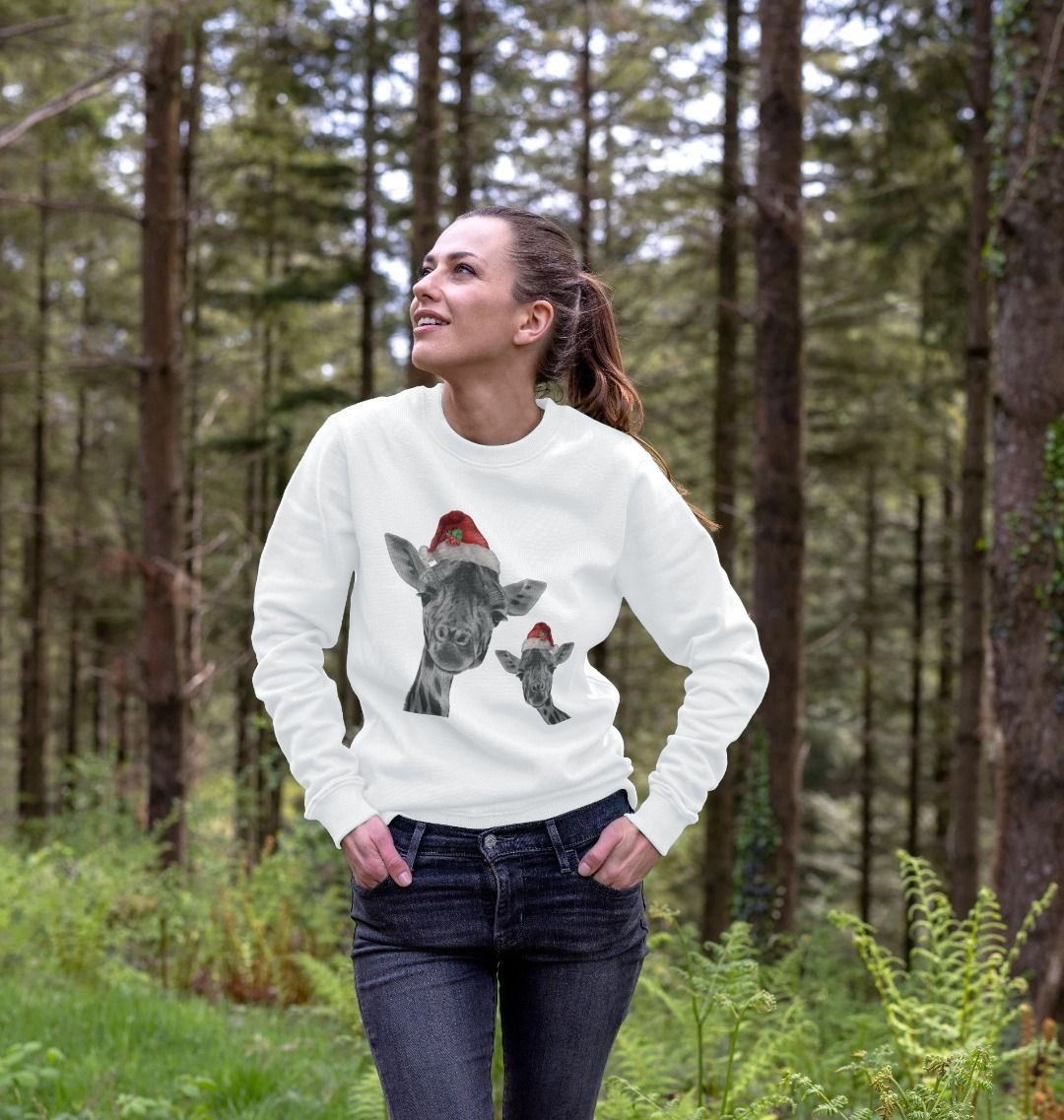 Women's Crew Neck Festive Giraffe and Baby Sweater Certified Organic Cotton