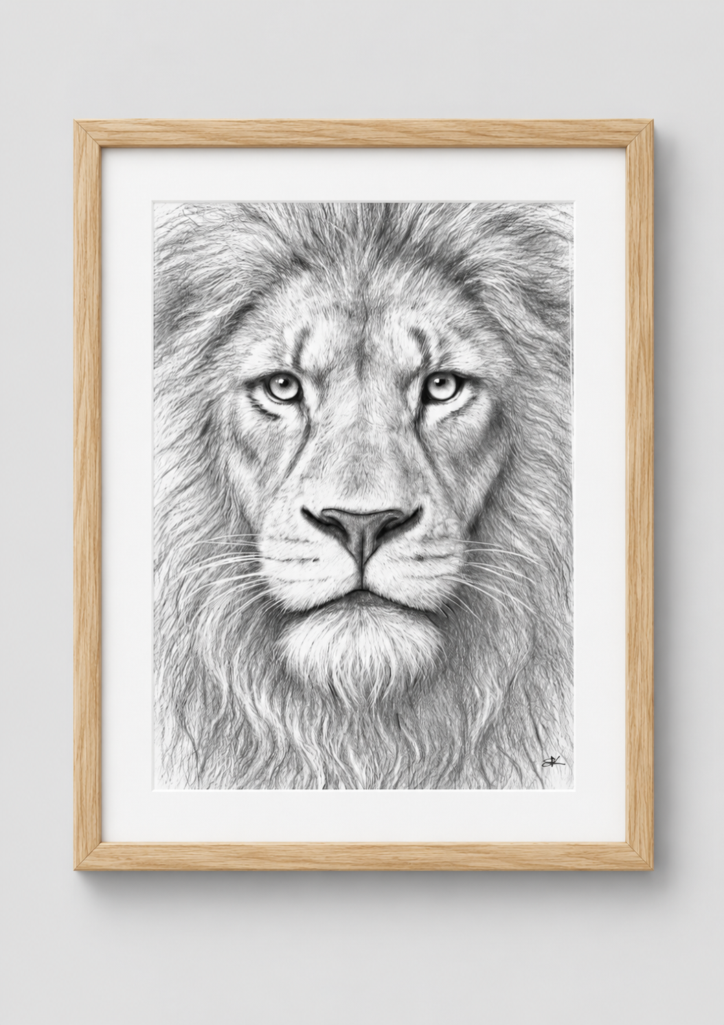 Majestic Lion Fine Art Print – Oak portrait frame with white mount