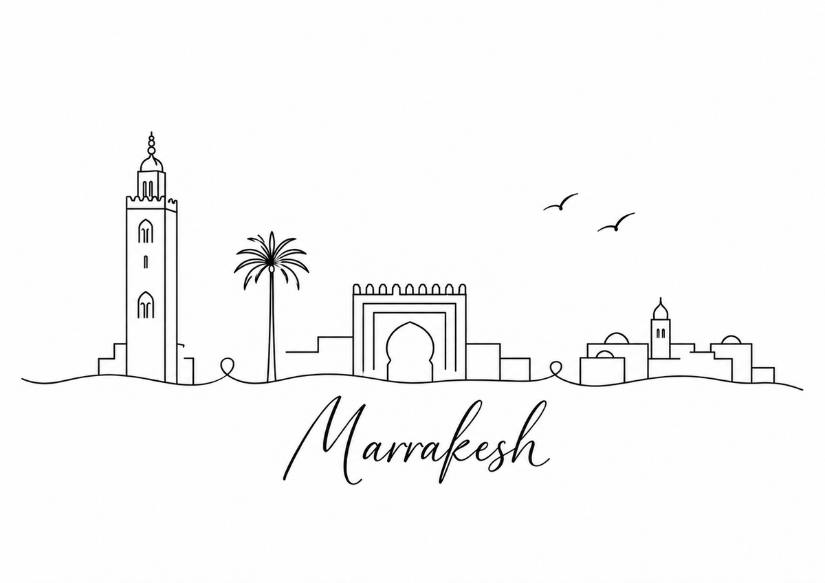 Marrakesh skyline artwork featuring black line landmarks and city lettering on a white background