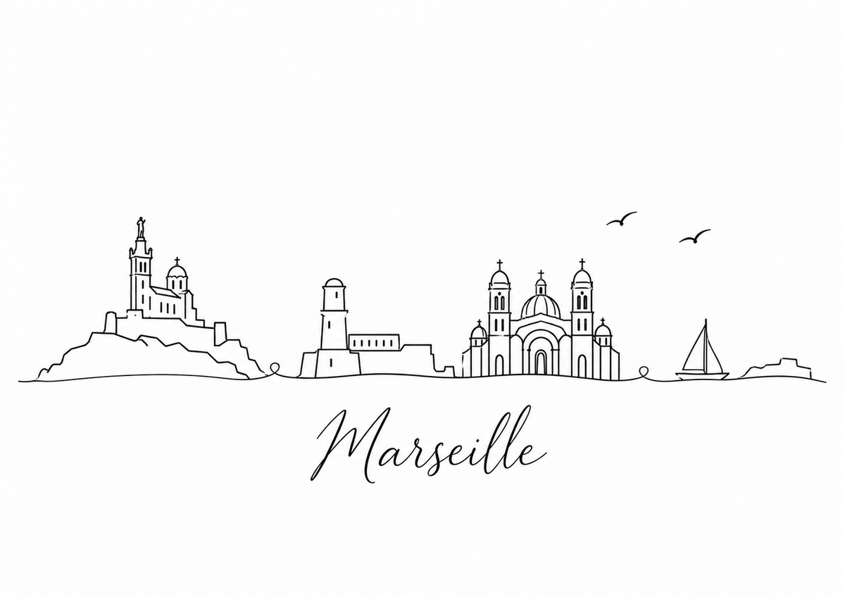 Marseille skyline artwork featuring black line landmarks and city lettering on a white background