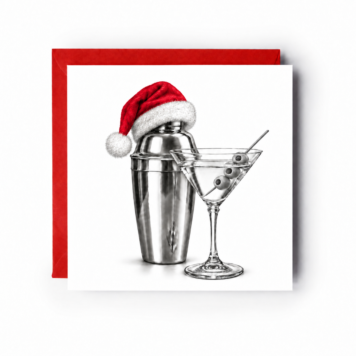 Martini Christmas greeting card with Santa hat on shaker and red envelope