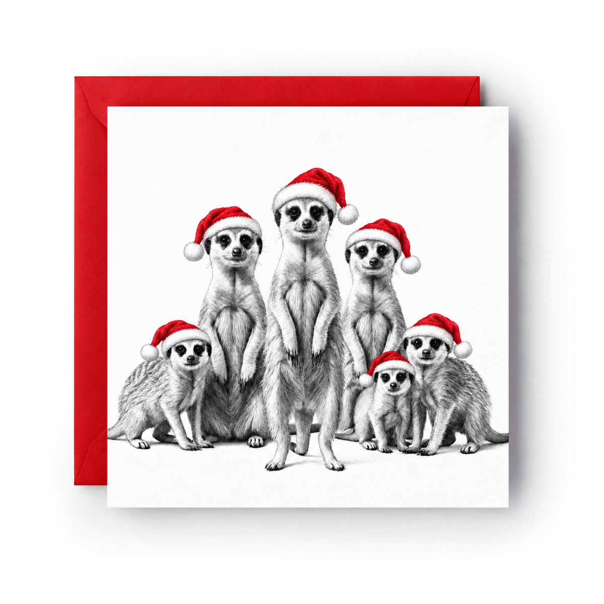 Six meerkats wearing Santa hats on a Christmas card with a red envelope