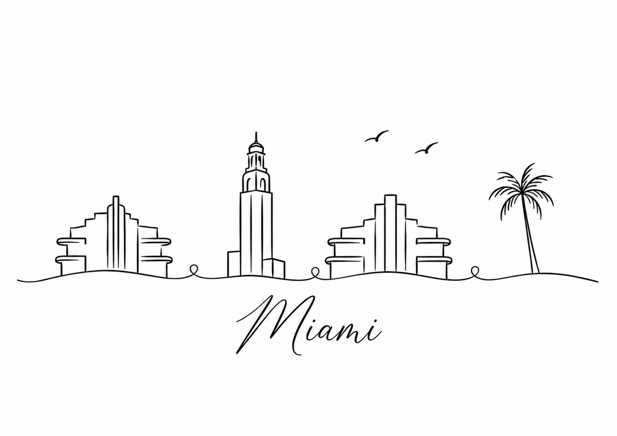 Miami skyline artwork featuring black line landmarks and city lettering on a white background