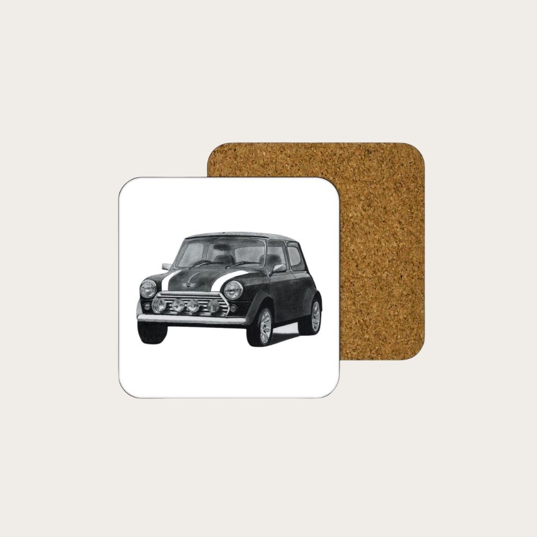 Hand-drawn Mini Cooper illustration on a drinks coaster by Libra Fine Arts. A stylish and detailed design, perfect for adding a touch of vintage charm and automotive flair to your home decor while protecting surfaces.