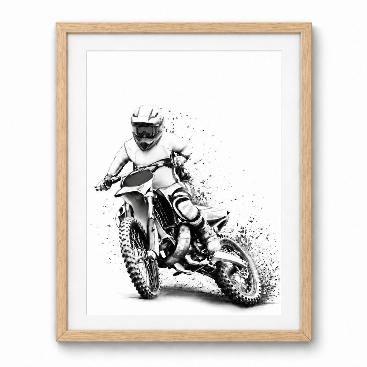 Motocross rider fine art print in a oak frame with a white mount
