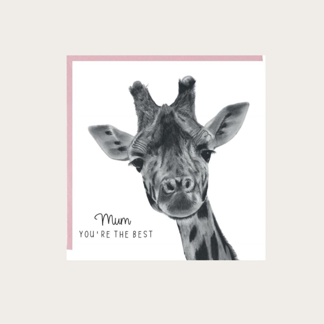 A beautifully hand-drawn "Mum, You're the Best" giraffe greeting card, printed on Libra Fine Arts cardstock for a premium feel. The flat card is displayed alongside a vibrant pink envelope, highlighting its charming giraffe illustration. Perfect for Mother's Day, birthdays, thank you notes, or just because. Blank inside, ready for a heartfelt message.