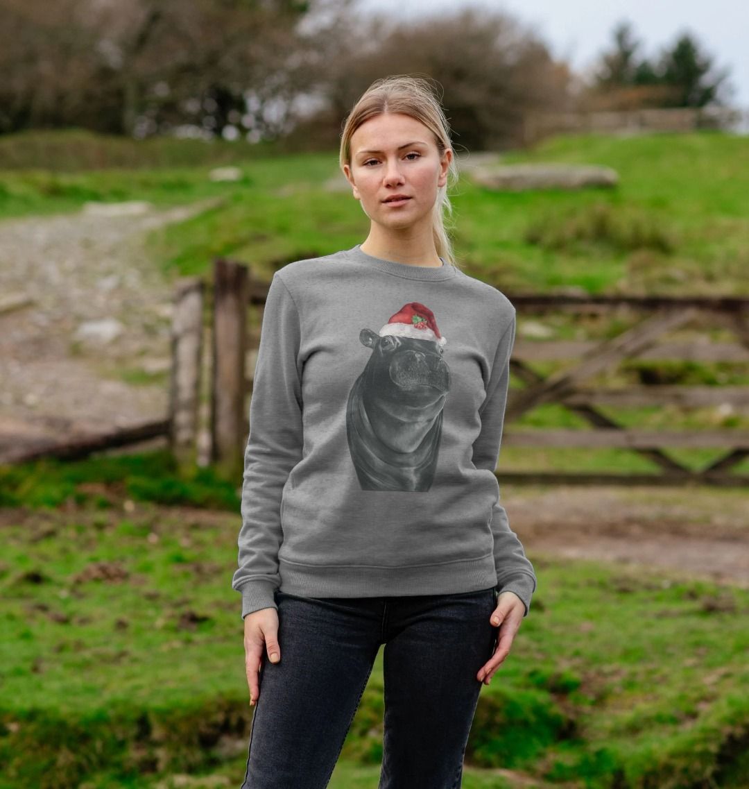 Women's Crew Neck Festive Hippo Sweater Certified Organic Cotton