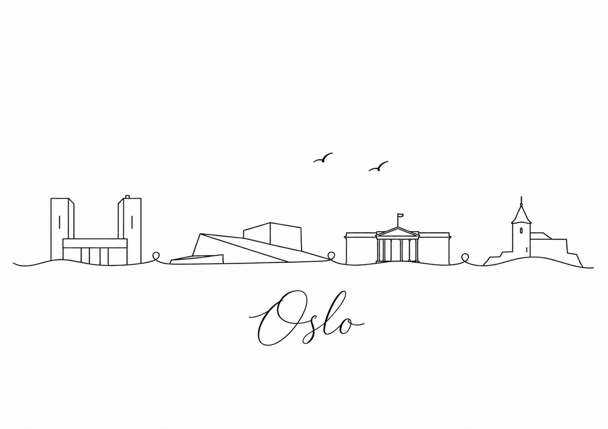 Oslo skyline artwork featuring black line landmarks and city lettering on a white background