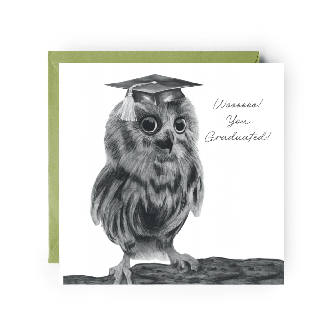 A delightful graduation card featuring a hand-drawn owl wearing a graduation cap, perched proudly with a joyful expression. The design captures the essence of achievement and celebration, perfect for congratulating a graduate on their special day.