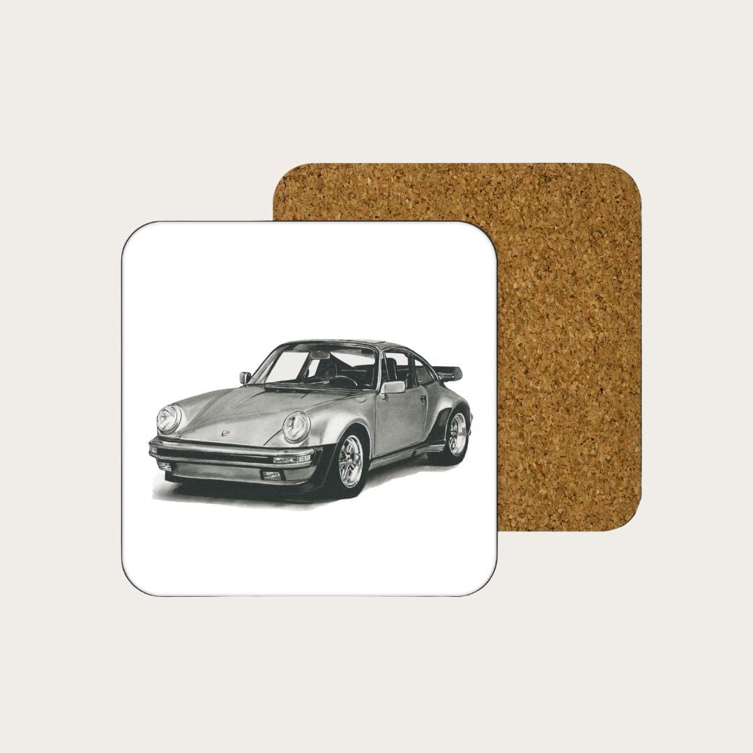 Hand-drawn Porsche car illustration on a drinks coaster by Libra Fine Arts. A sleek and detailed design, perfect for car enthusiasts looking to add a touch of automotive elegance to their home decor while protecting surfaces.