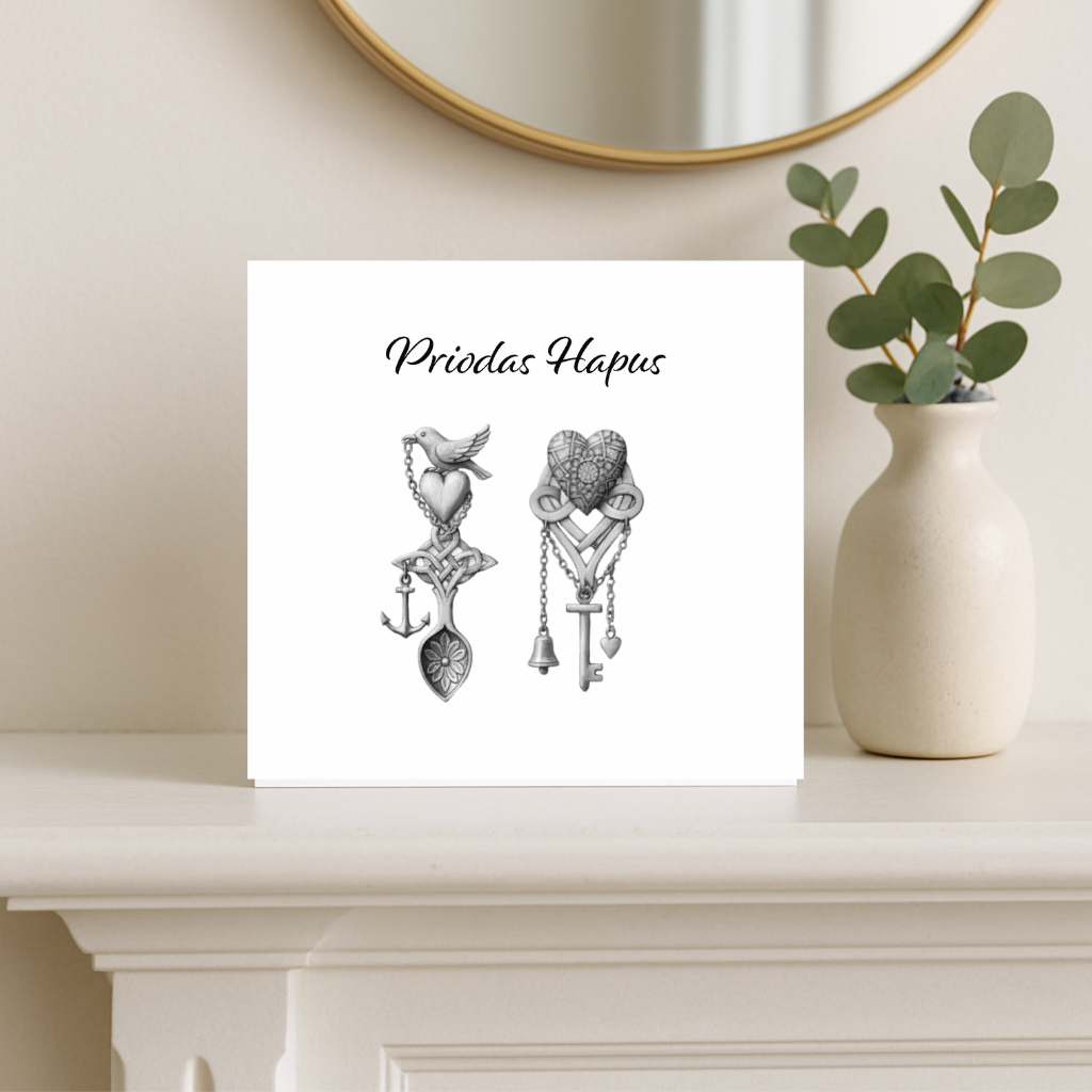 Priodas Hapus – Love Spoons Hand-Drawn Greeting Card | Welsh Wedding Celebration